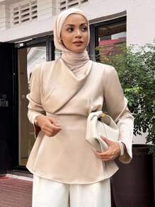 DAZY Áo sơ mi nữ tay dài cổ ve lật màu trơn thanh lịch, phong cách công sở giản dị. - Màu vàng - Xem 2