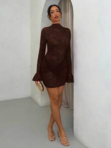 SHEIN BAE 夏季海滩度假纯色勃艮第性感透视蕾丝迷你连衣裙，适合日常约会、夜间外出、夜总会、派对、聚会、鸡尾酒会、泳池派对、返校季服装、学校季连衣裙、节日连衣裙、音乐节服装、乡村音乐节服装、音乐会服装 - 咖啡棕 - 查看 3