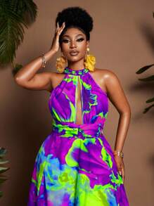 Maweii Váy maxi hở lưng in họa tiết nhuộm loang dành cho nữ cỡ lớn - Nhiều màu - Xem 2