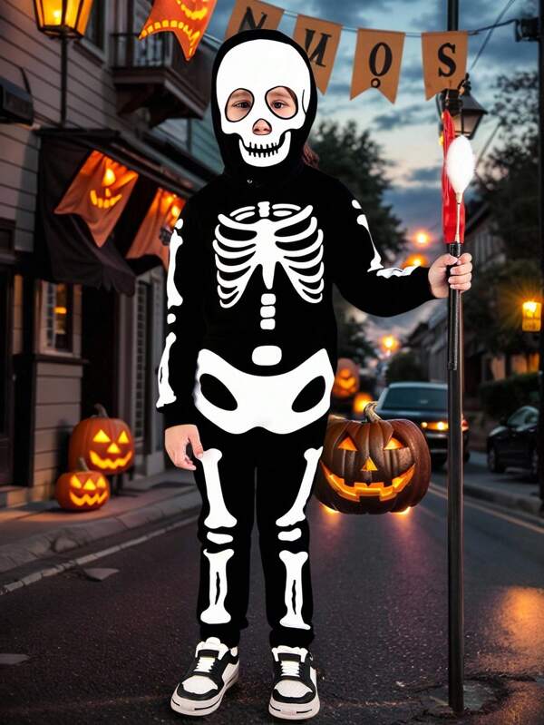 2-częściowy kombinezon szkieletowy dla chłopca na Halloween z kapturem, odpowiedni na przyjęcie urodzinowe, imprezę halloweenową, pierwsze urodziny, galę, występ, wesele, jesień/zima
