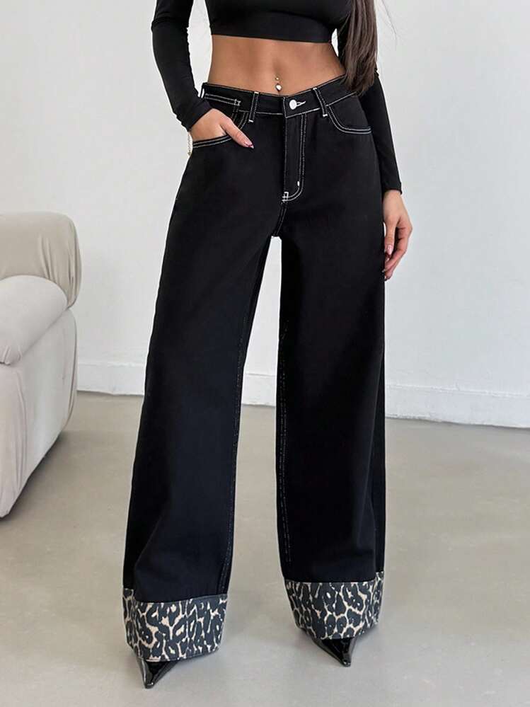EURMUSE Women's Fashionable Casual Leopard Print Patchwork Loose Wide-Leg Jeans - Black - View 3