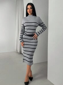 EURMUSE Vestido de punto acanalado con cinturón y rayas horizontales negras con CINTURÓN - Gris - Ver 6
