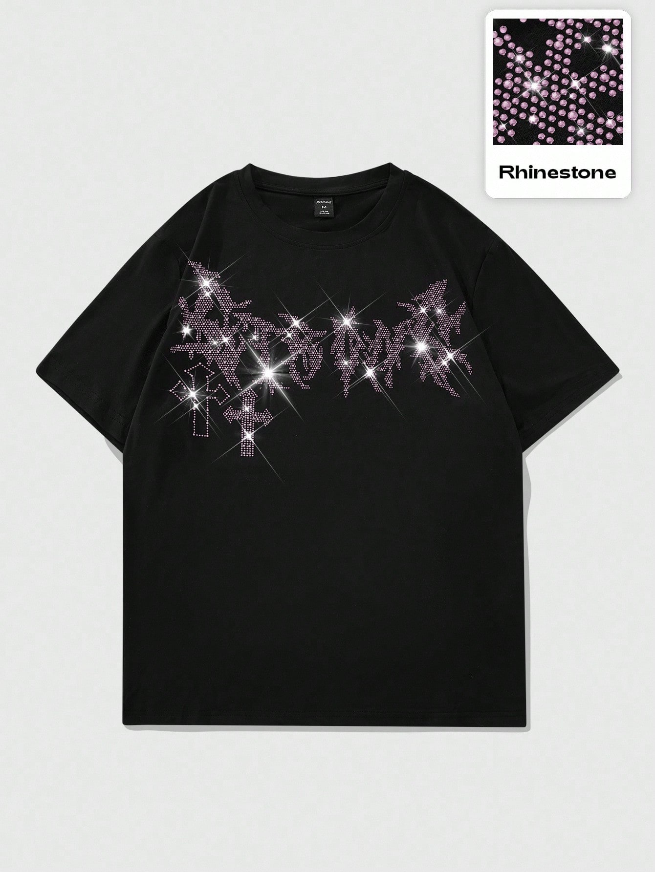 Our Goth Comfortable T-Shirt With Purple Rhinestone Cross Pattern