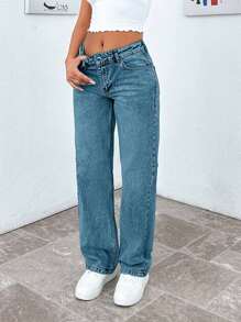 EURMUSE Petite Low Waist Snow Wash Straight Jean - Light Wash - View 4