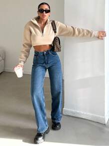 EURMUSE 100%Cotton Zipper Fly Straight Leg Jeans - Dark Wash - View 4