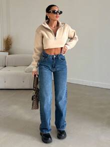 EURMUSE 100%Cotton Zipper Fly Straight Leg Jeans - Dark Wash - View 5