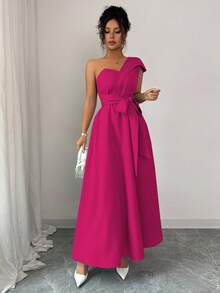 Lyxana Women's Elegant Solid Color Asymmetric Collar Long Dress - Hot Pink - View 4