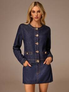 Avantive 女士时尚休闲圆领纽扣牛仔夹克