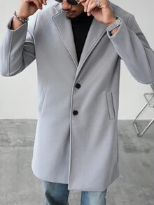 Manfinity Homme Áo khoác len dài đơn hàng ngày, cổ ve trơn màu, cài nút, dành cho nam, thu đông - Xám - Xem 6