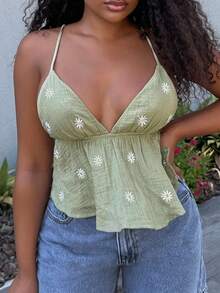 Alexandranx Damen Sommer Urlaub Floral Stickerei strukturierte Rüschen Saum Trägerhemd, Urlaubsoutfit Frau, Rückenfreie Bluse, Peplum Oberteil, süße Sommer Tops, Ausgeh Tops, Boho Damen Bekleidung, Europäischer Sommer - Grün - Übersicht 3
