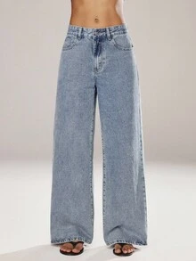 SHEIN ICON 休闲水洗宽松阔腿牛仔裤 - 淺色水洗藍 - 查看 4