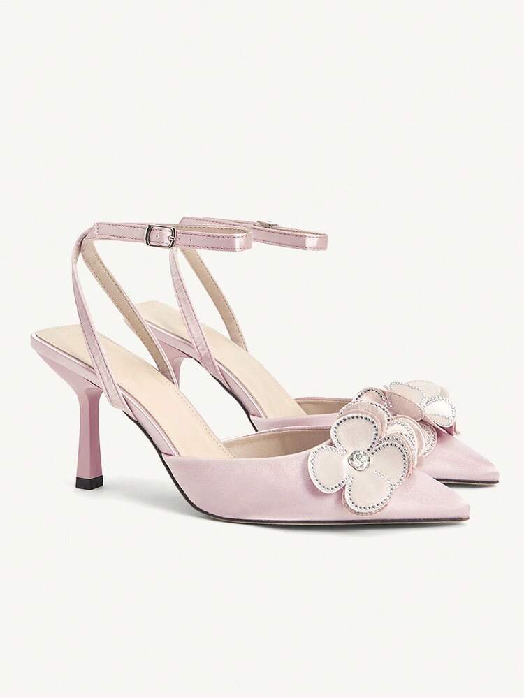 CUCCOO CHICEST Women's Pointed Toe Rhinestone Floral Ankle Strap High Heel Pumps, Elegant Sweet Romantic Sexy Shallow Pink Satin Ladies Formal Dress Shoes For Afternoon Tea, Date, Party, Wedding, Christmas, Thanksgiving, Halloween, Birthday, Valentine's Day
