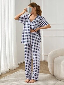 RueChic Women 2 Pcs Button Front With Plaid&Bear Pattern Homewear PJ Set - Multicolor - View 5