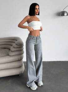 CasuGlow 休闲洗水亮片星星设计直筒牛仔裤 - 灰色 - 查看 2