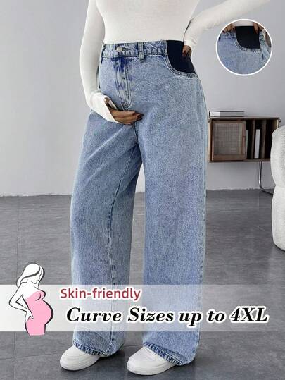 SHEIN Plus Size Fall Autumn Winter Halloween Christmas Streetwear Pregnant Women Pocketed Wide Leg Loose Casual Versatile Blue Jeans Stylish Light Wash Women Blue Jeans In Relaxed Wide Leg Fit For Any Casual Occasion