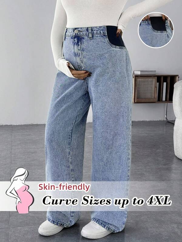 SHEIN Plus Size Fall Autumn Winter Halloween Christmas Streetwear Pregnant Women Pocketed Wide Leg Loose Casual Versatile Blue Jeans Stylish Light Wash Women Blue Jeans In Relaxed Wide Leg Fit For Any Casual Occasion