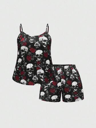 Goth Ensemble pyjama camisole et short à imprimé rose squelette grande taille, vêtements de détente casual