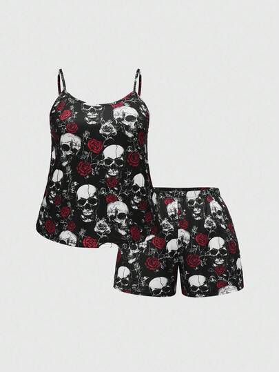 Goth Ensemble pyjama camisole et short à imprimé rose squelette grande taille, vêtements de détente casual