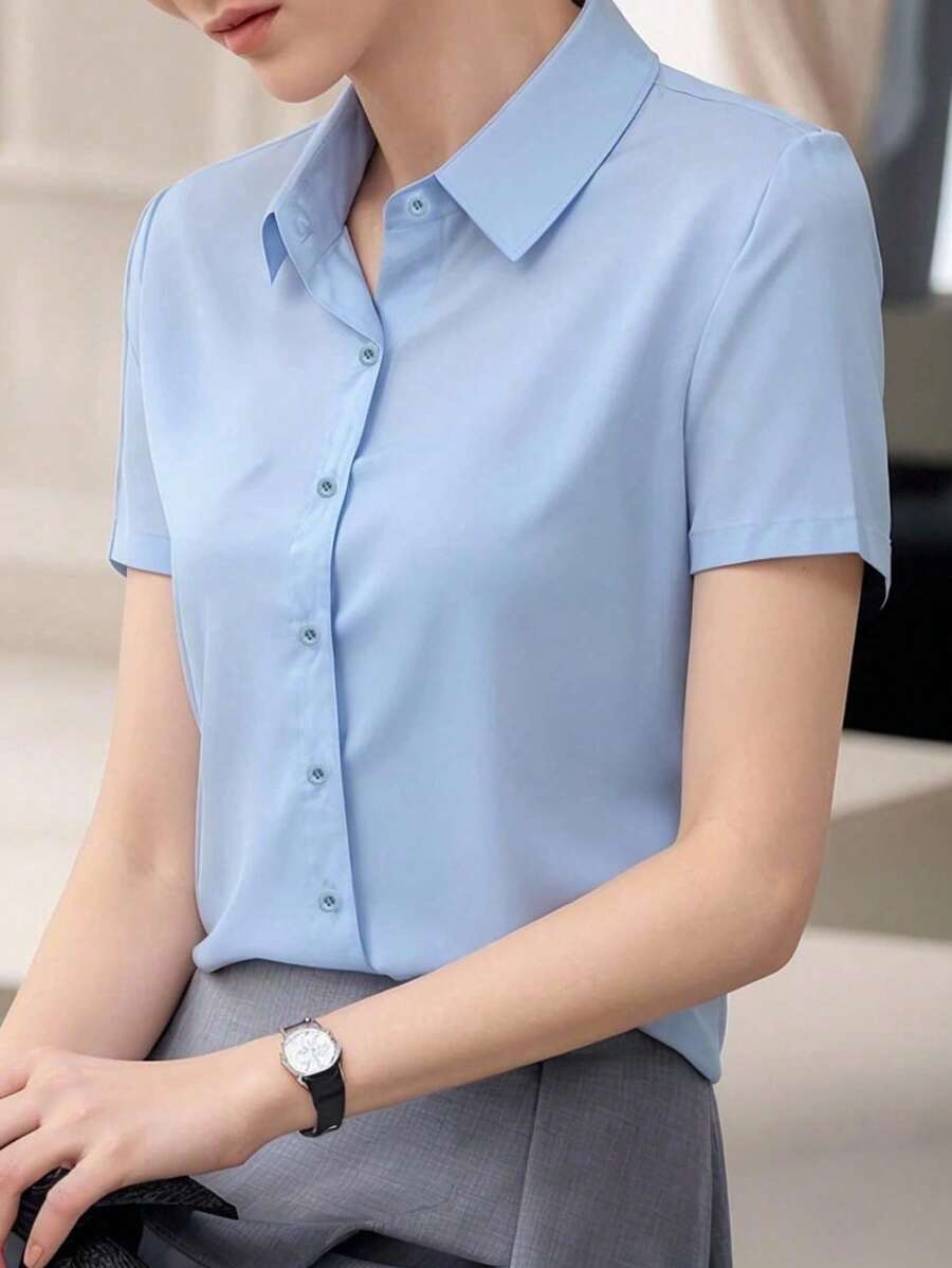 INAWLY Blus Wanita Lengan Pendek Kasual Sederhana Warna Polos - Baby Blue - View 1