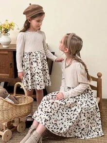 LMoss Kids LMoss 青少年女孩針織圓領拼接花卉下擺休閒洋裝，可愛白色動物印花秋季法式長袖青少年女孩茶會洋裝，秋季 - 杏色 - 查看 1