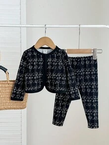 TaviRue 2pcs/Set Baby Girl Knit Plaid Cardigan And Matching Knit Leggings Set,Graduation Outfit Fall Winter