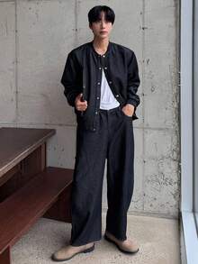 DAZY 海军蓝男士长袖单排扣棒球领夹克和裤子休闲牛仔套装，秋季