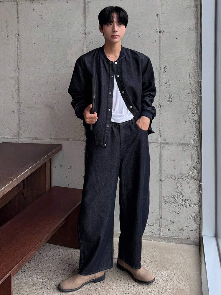 Navy Blue Men's Long Sleeve Single-Breasted Baseball Collar Jacket And Pants Casual Denim Suit, Autumn