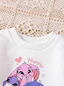 SHEIN Playful Pals 2件組女嬰可愛黑白服裝套裝，秋季卡通兔子印花運動衫搭配鬆緊腰打底褲，趣味親子街頭風，6M-3Y - 黑與白 - 查看 4