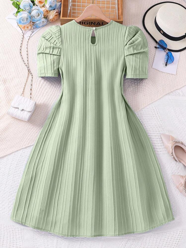 SHEIN Solid Color Simple Daily Short Sleeve Dress For Tween Girls - Green - View 2