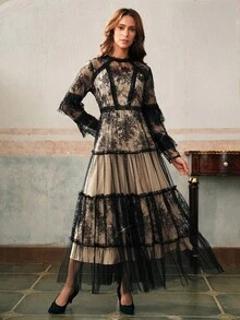 Anewsta 秋冬女士圆领蕾丝荷叶边拼接束腰喇叭下摆连衣裙 - 黑色 - 查看 3