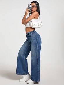 EURMUSE Jeans rectos de tiro bajo lavados para mujer - Azul lavado medio - Ver 4