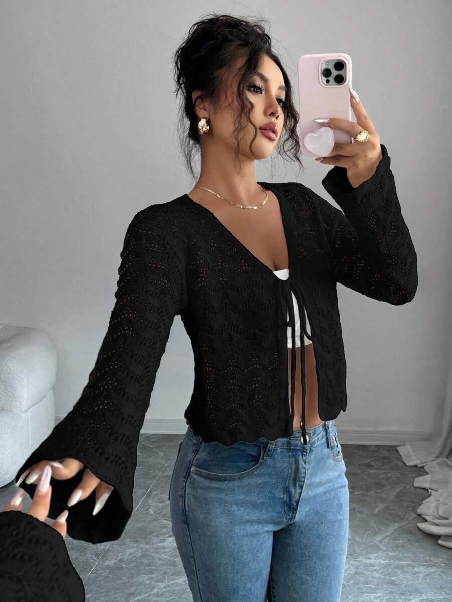 Elenzga Women's Elegant Solid Color Lace-Up Hollow Out Knitted Cardigan Fall Winter Cloth For Women - Black - View 1