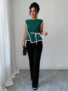 Elenzga Camisa elegante de contraste de color que ciñe la cintura para mujer