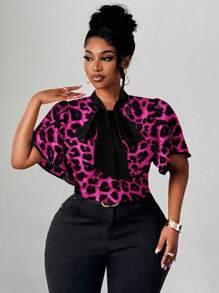 Maweii Women's Plus Size Elegant Romantic Heart Print Blouse With Bow Collar, Ruffle Trim And Contrast Color Edges, New Spring/Summer Design For Dates And Parties - Multicolor - View 4