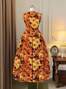 Celure Halloween Plus Size Women's Elegant Printed Pleated Midi Dress, Sleeveless, Suitable For Daily Wear In Summer Sunflower Dress Vintage Dress Van Gogh Dress Floral Dress Autumn Dress