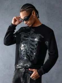 ROMWE MEN Anime Moletom de Manga Longa com Gola Careca e Esqueleto Cravejado de Strass, Halloween - Preto - Visão 11