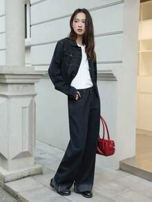 K-Vae Women's Autumn And Winter Dark Denim Jacket And Trousers Two Pieces Set, Old Money Style Denim Suit, Korean Style,Alloween Costumes,Chic Autumn - Dark Wash - View 7