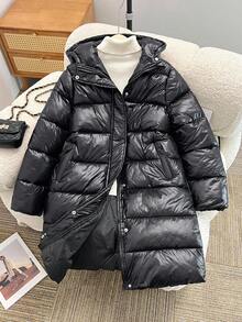 SHEIN 1pc Teen Girl Black Casual Outdoor Solid Color Thickened Hooded Long Jacket With Pockets, Autumn/Winter Fall - Black - View 9