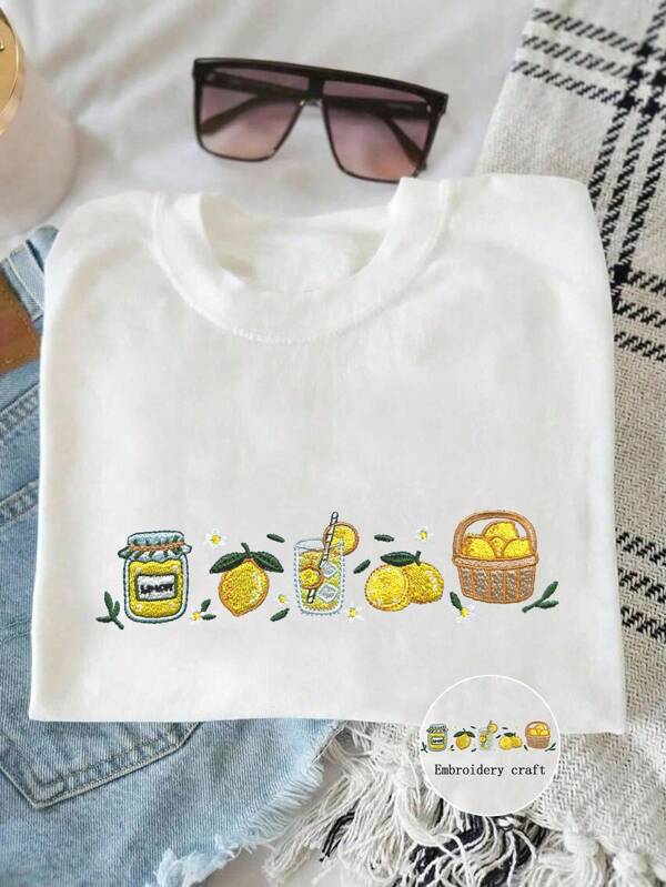 INAWLY Embroidered Lemon Print Summer T-Shirt, Food Lover Gift Shirt, Cute Gift For Her, Stylish Fruity Graphic Tee For Women, Embroidered Summer Vibe Blouse