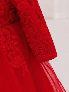 Glamorique Kids 女婴红色刺绣蕾丝边长袖缎面网眼礼服，圣诞节、万圣节、派对、生日、高端公主裙 - 紅色 - 查看 8
