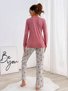 EURMUSE 100% Cotton 2Pcs  Animal Printed Homewear Pj Set - Dusty Pink - View 2