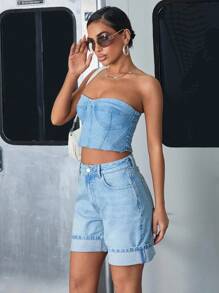 SHEIN Cottnline Denim High Waist Mini Summer Short Folded Hem - Light Wash - View 5
