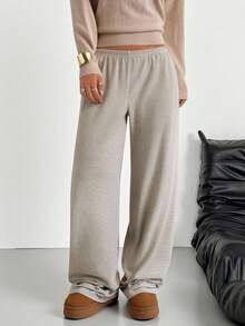 Muchica 卡其色条纹印花松紧腰休闲宽松阔腿裤 - 摩卡棕 - 查看 5