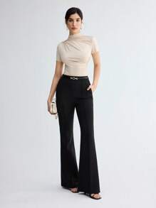 BizChic Women's Stand Collar Pleated Short Sleeve T-Shirt, Basic Top, Suitable For Outings, Office, Business Casual, Autumn - Apricot - View 14