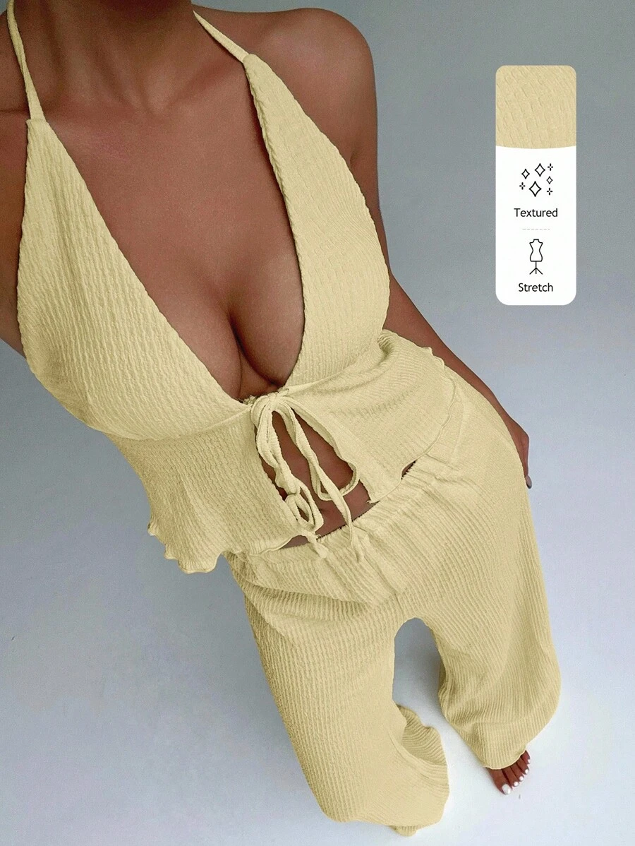 FavEase Textured Fabric Draped Neck Loose Wide Leg Pants Set - Yellow - View 1