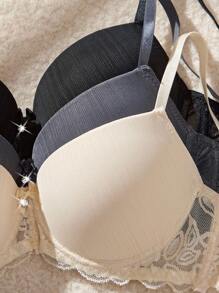 SHEIN 3pcs Lace Patchwork Women's Underwire Bra, Gather & Lift Casual Bra - Multicolor - View 4