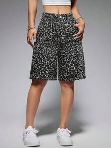 SHEIN ICON Women's Fashionable Leopard Print Denim Shorts, Summer - Multicolor - View 4