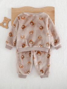 Cozy Pixies 2pcs Baby Boy Cartoon Bear Pattern Knit Soft Crew Neck Long Sleeve Pullover Top And Elastic Waist Pants Set Fall Winter