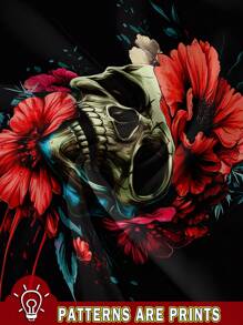 EMERY ROSE Women's Casual Simple Skull & Floral Rose Print Tank Top, Summer - Black - View 3