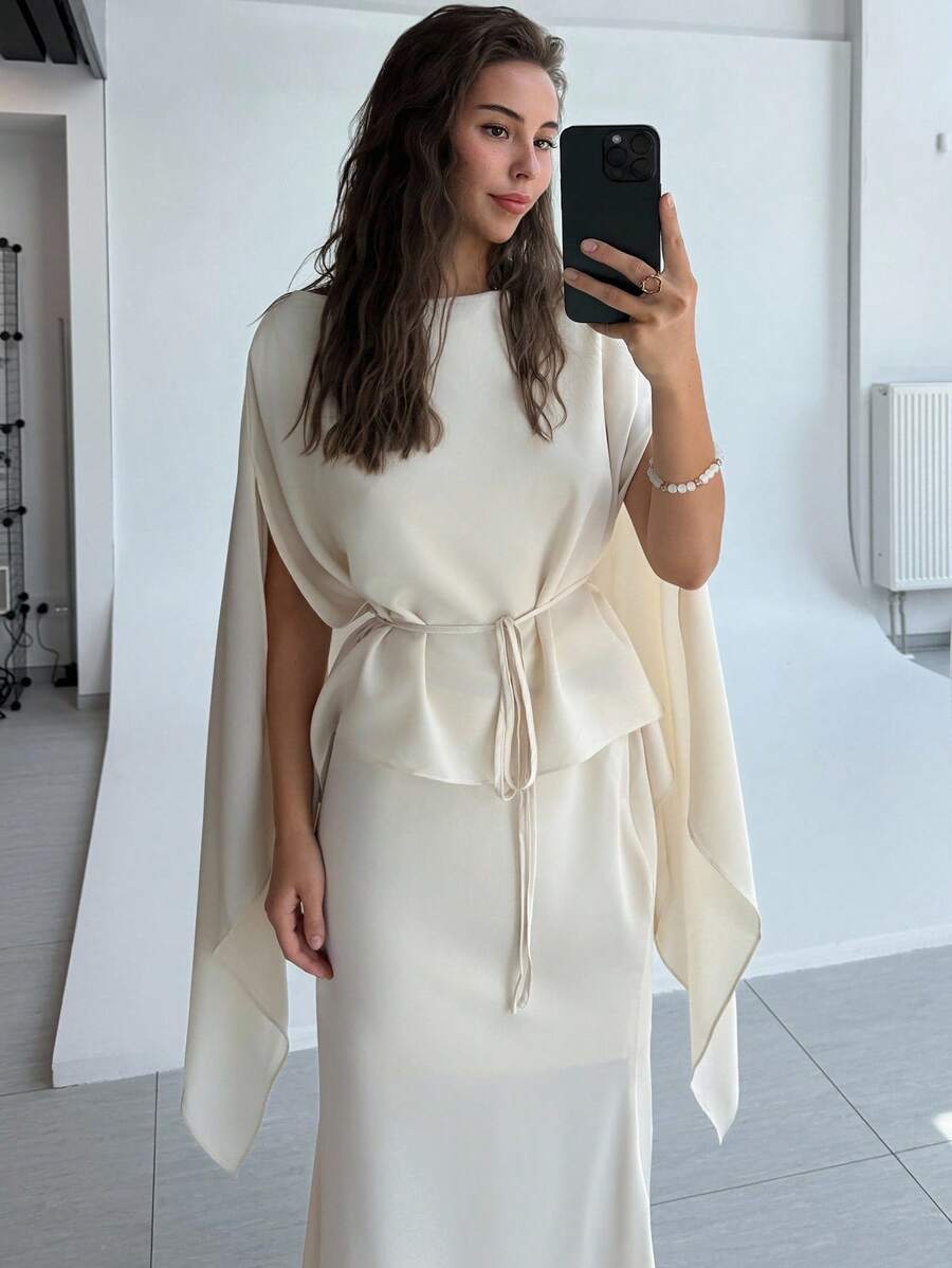 Aloruh 杏色优雅休闲装：不对称下摆收腰斗篷上衣+长腰裙